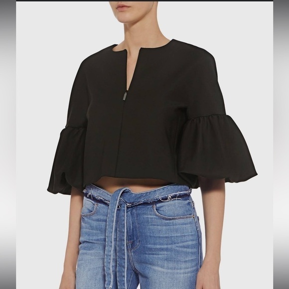 Tibi Agathe Zip Front Balloon Sleeve Cropped Top, Black - Picture 1 of 11